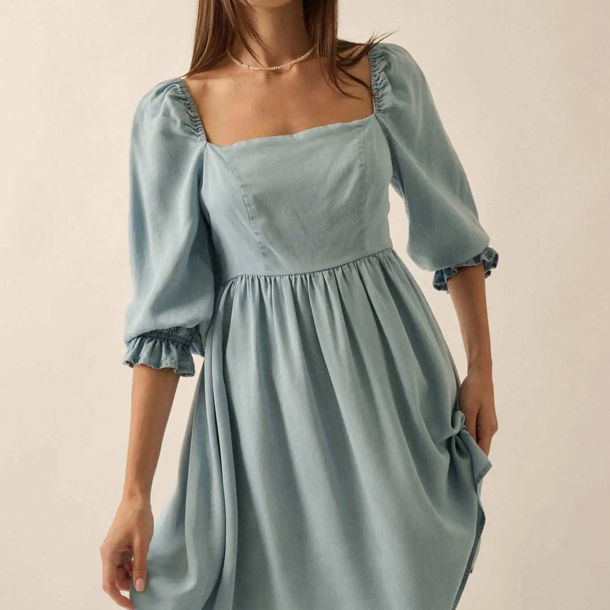 puff sleeve peasant mini dress in soft rayon Blue Moon Puff-Sleeve Babydoll Mini Dress, Light Chambray / S