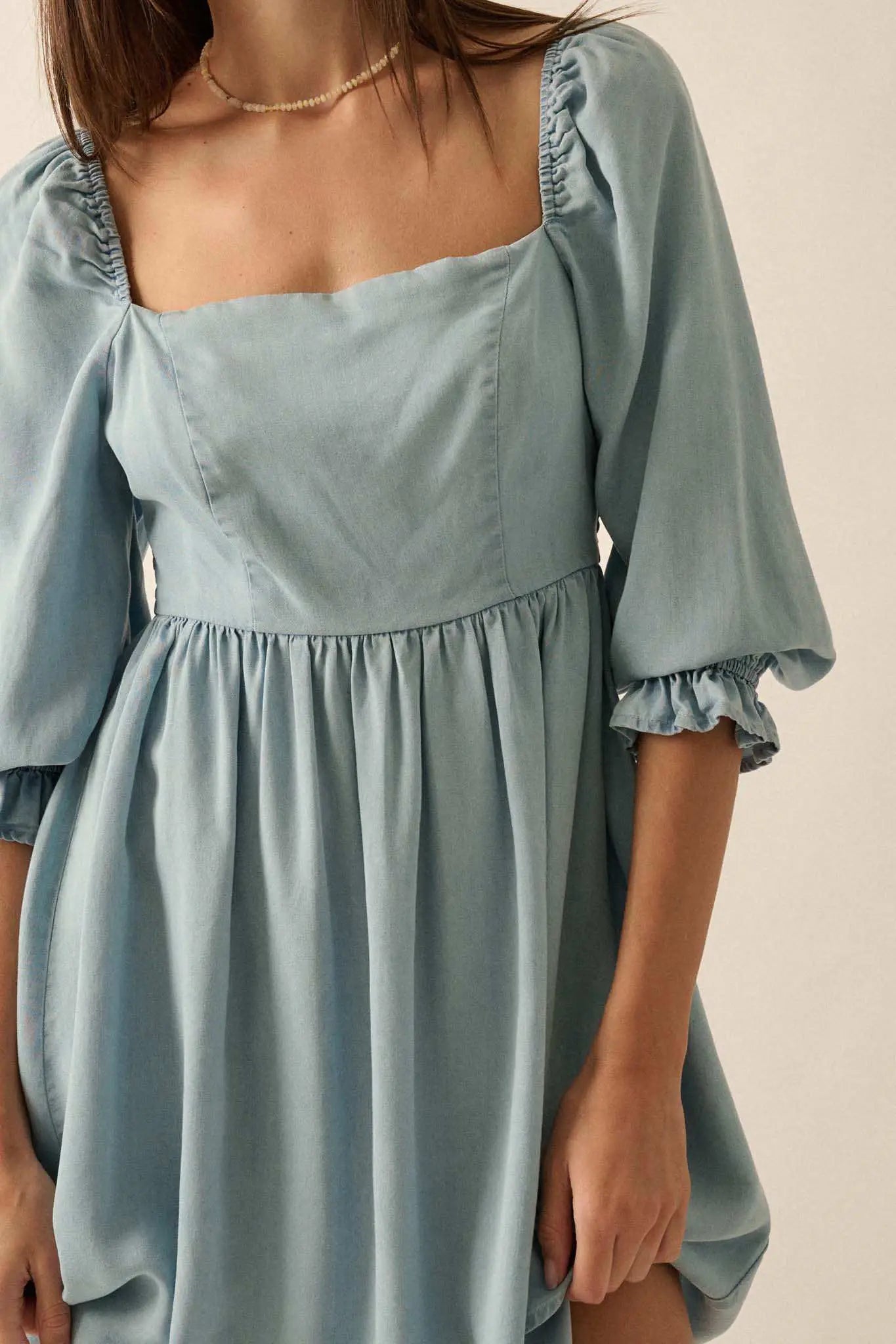 Blue Moon Puff-Sleeve Babydoll Mini Dress Light Chambray / L