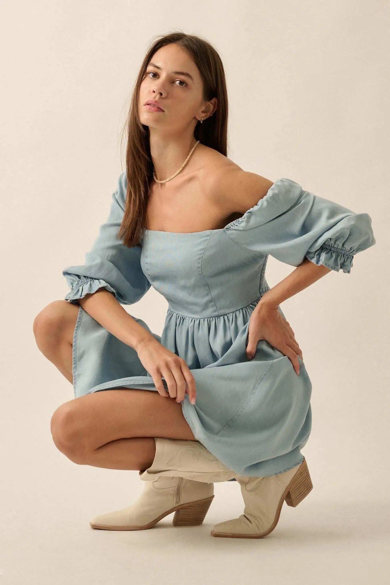 blue puff sleeve mini dress Blue Moon Puff-Sleeve Babydoll Mini Dress Light Chambray / S