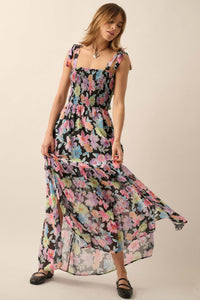 Bursting Blooms Smocked Floral Chiffon Maxi Dress - ShopPromesa