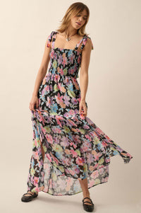 Bursting Blooms Smocked Floral Chiffon Maxi Dress - ShopPromesa