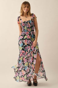 Bursting Blooms Smocked Floral Chiffon Maxi Dress - ShopPromesa