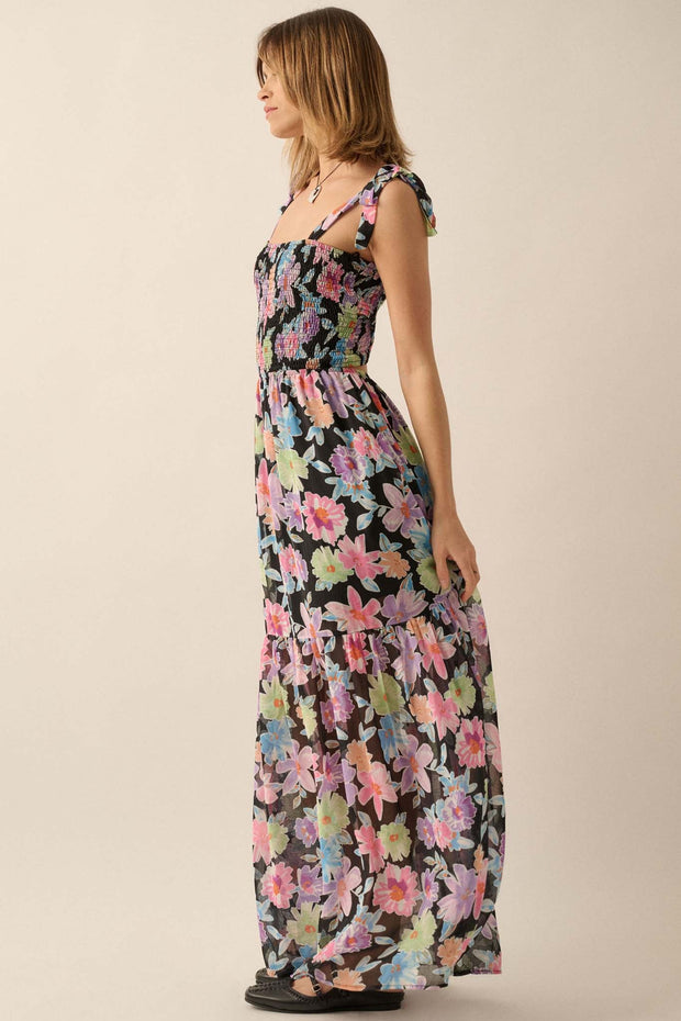 Bursting Blooms Smocked Floral Chiffon Maxi Dress - ShopPromesa