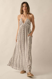 Well Traveled Geo-Print Striped Halter Maxi Dress - ShopPromesa