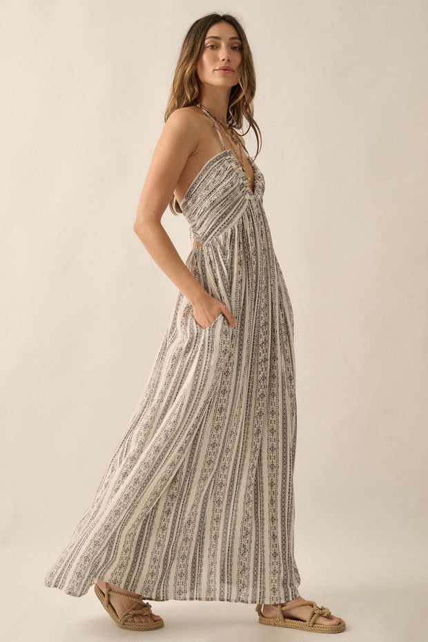 Well Traveled Geo-Print Striped Halter Maxi Dress - ShopPromesa
