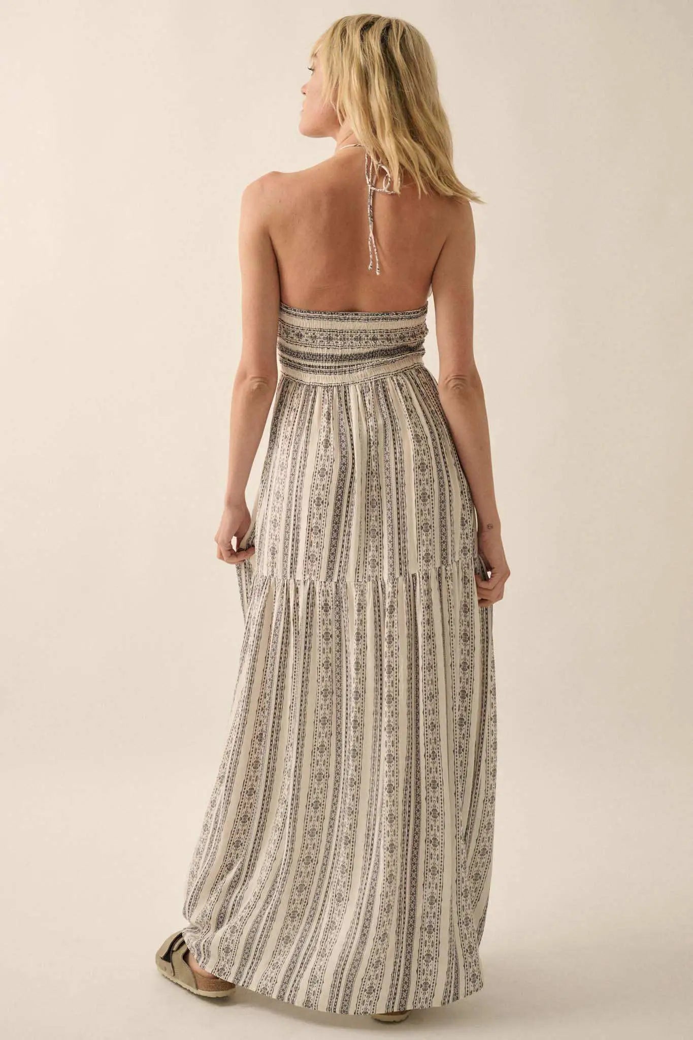 Traveling Soul Geo-Print Striped Halter Maxi Dress, Charcoal / M Traveling Soul Geo-Print Striped Halter Maxi Dress, Charcoal / M