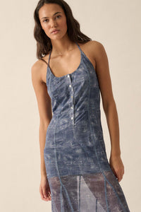 Here We Indigo Denim-Print Mesh Halter Maxi Dress - ShopPromesa