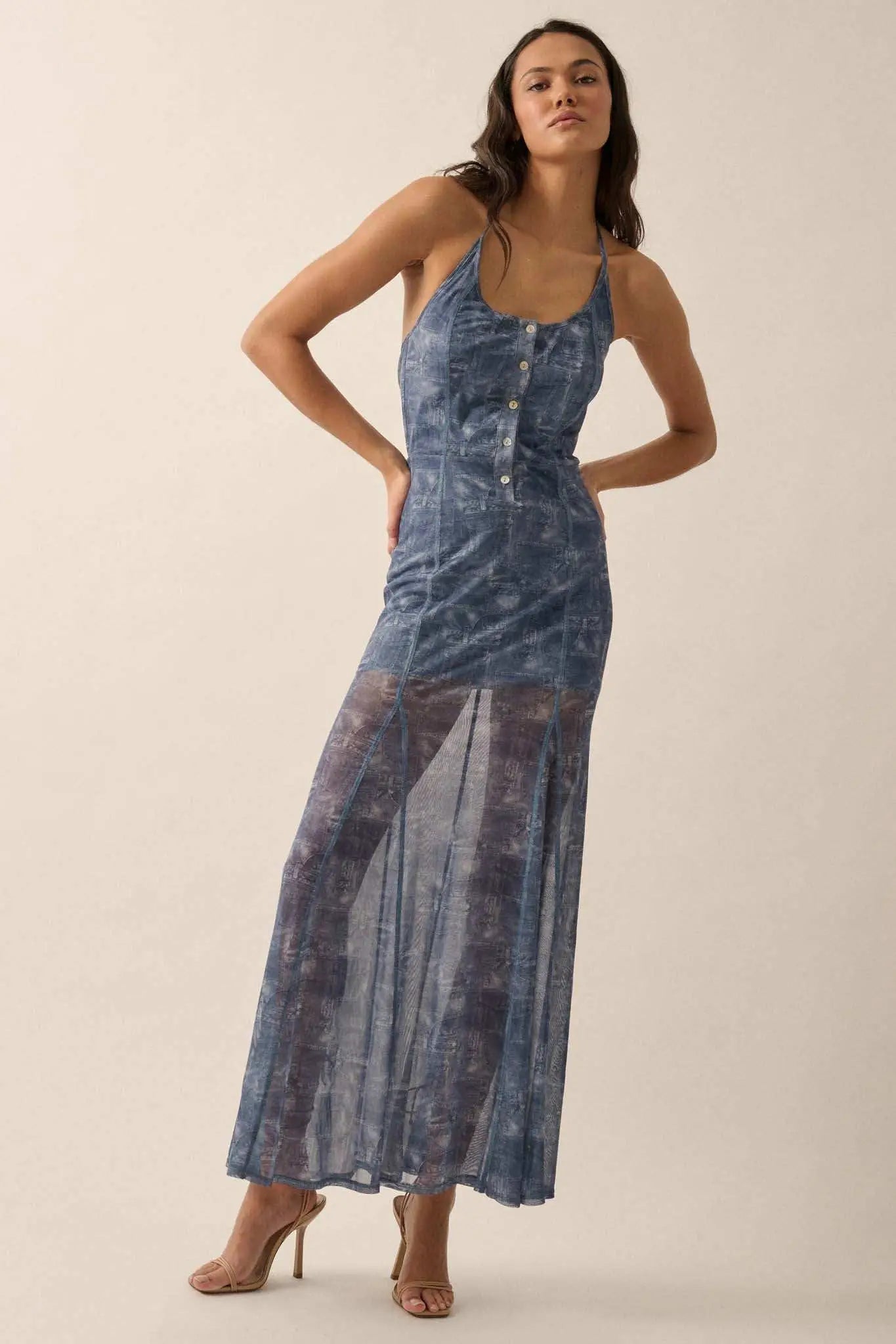 Here We Indigo Denim-Print Mesh Halter Maxi Dress Denim Blue / M Here We Indigo Denim-Print Mesh Halter Maxi Dress Denim Blue / M