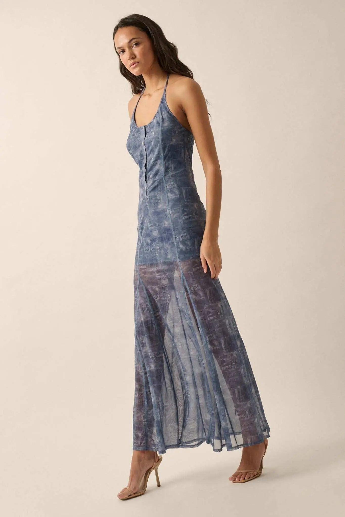 Here We Indigo Denim-Print Mesh Halter Maxi Dress Denim Blue / M Here We Indigo Denim-Print Mesh Halter Maxi Dress Denim Blue / M