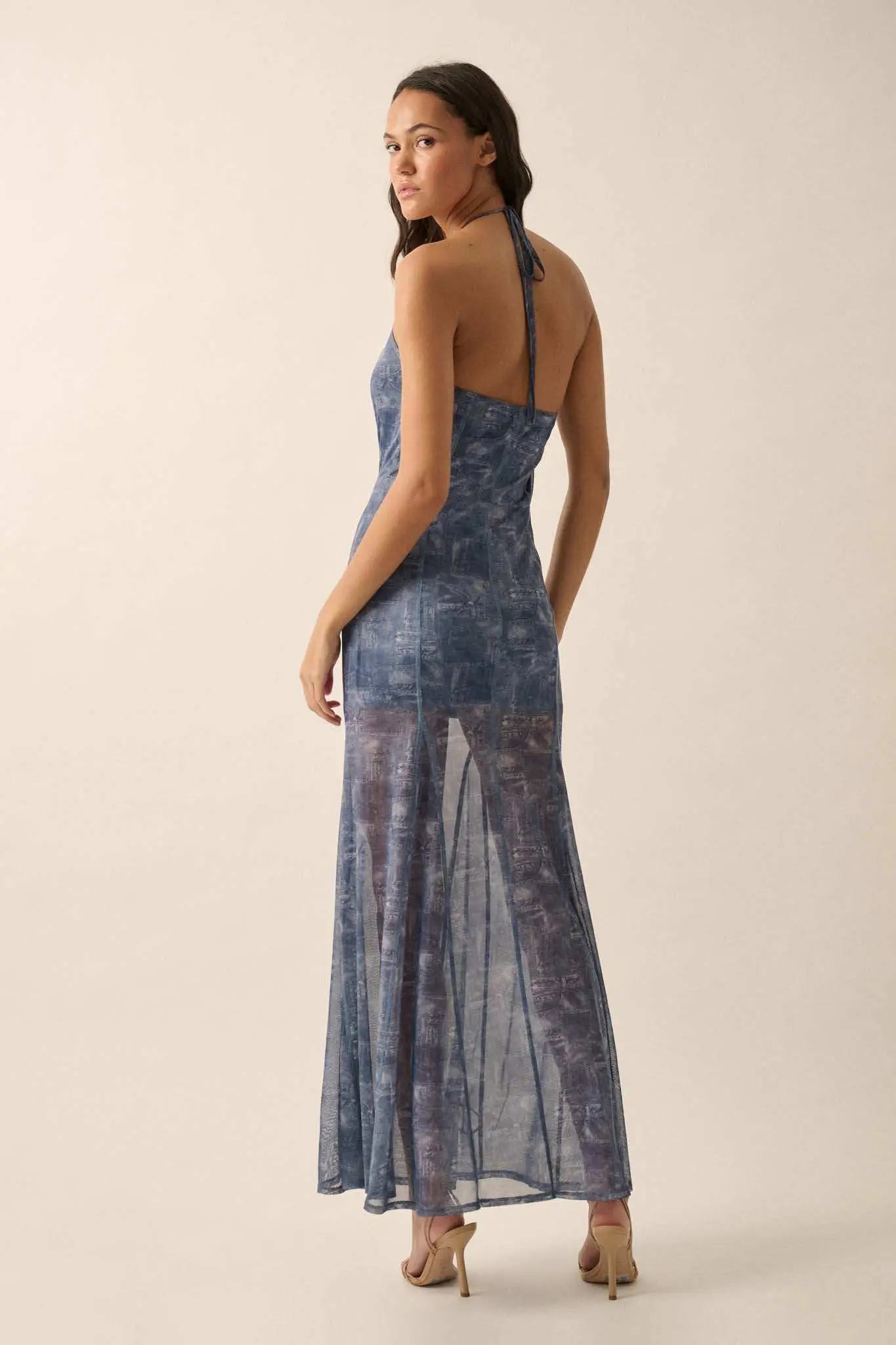 Here We Indigo Denim-Print Mesh Halter Maxi Dress Denim Blue / M Here We Indigo Denim-Print Mesh Halter Maxi Dress Denim Blue / M