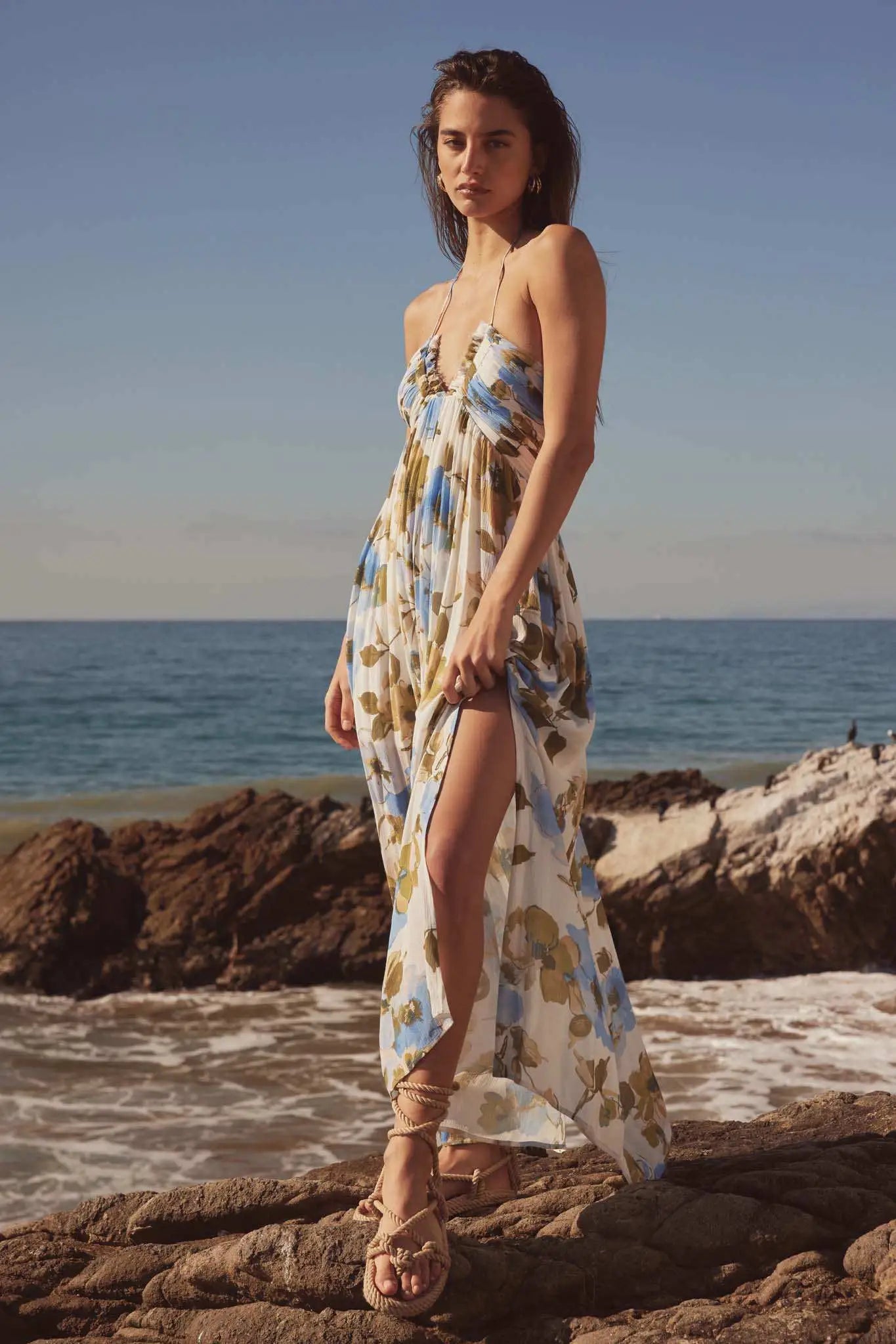 Growing Season Floral Crepe Halter Maxi Dress Off White / S Growing Season Floral Crepe Halter Maxi Dress Off White / S