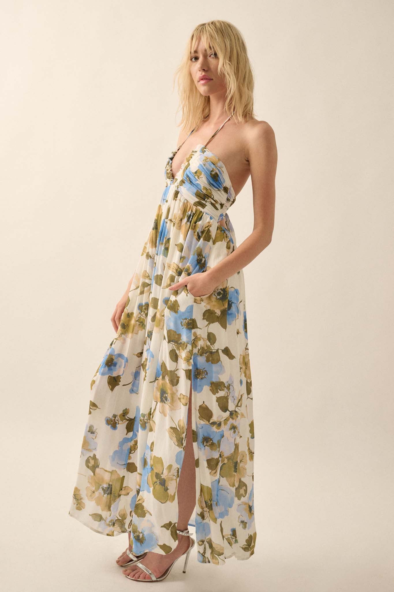 Growing Season Floral Crepe Halter Maxi Dress - ShopPromesa