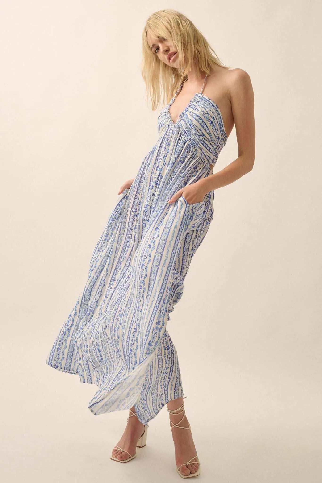 Heavenly Fields Floral-Stripe Halter Maxi Dress, Denim Blue / M Heavenly Fields Floral-Stripe Halter Maxi Dress, Denim Blue / M