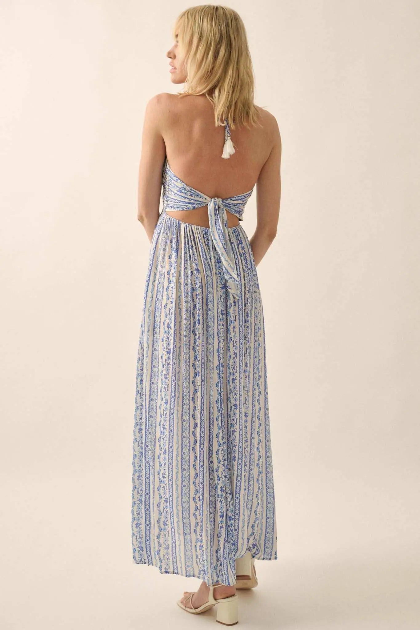 Heavenly Fields Floral-Stripe Halter Maxi Dress Denim Blue / L Heavenly Fields Floral-Stripe Halter Maxi Dress Denim Blue / L