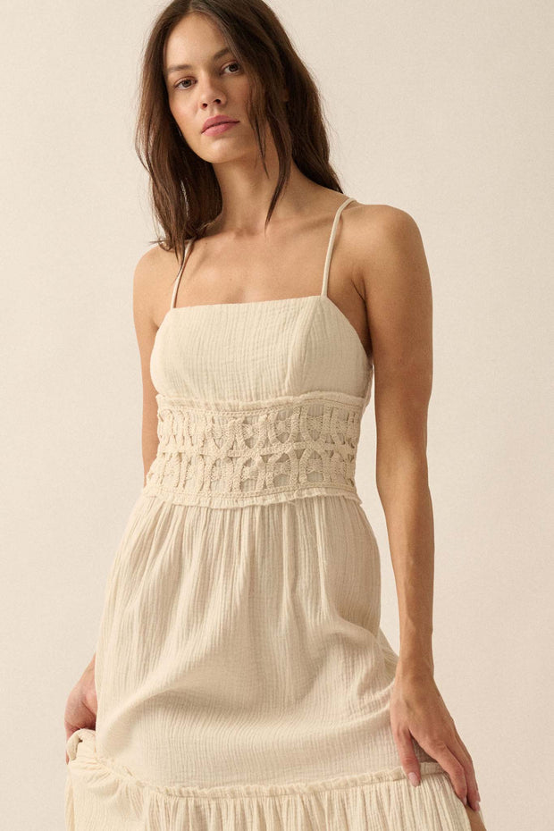 Laced Out Crochet-Trim Crinkle Cotton Maxi Dress - ShopPromesa