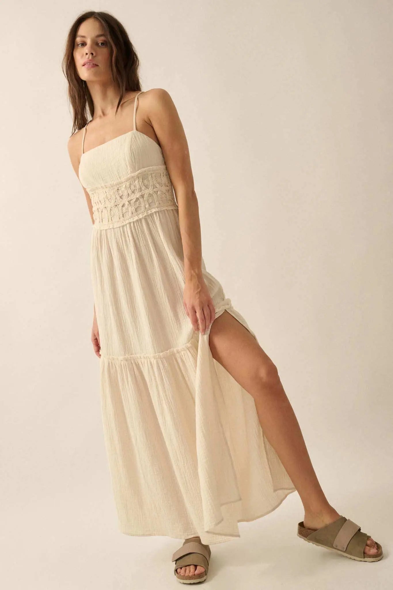 Laced Out Crochet-Trim Crinkle Cotton Maxi Dress Cream / L Laced Out Crochet-Trim Crinkle Cotton Maxi Dress Cream / L