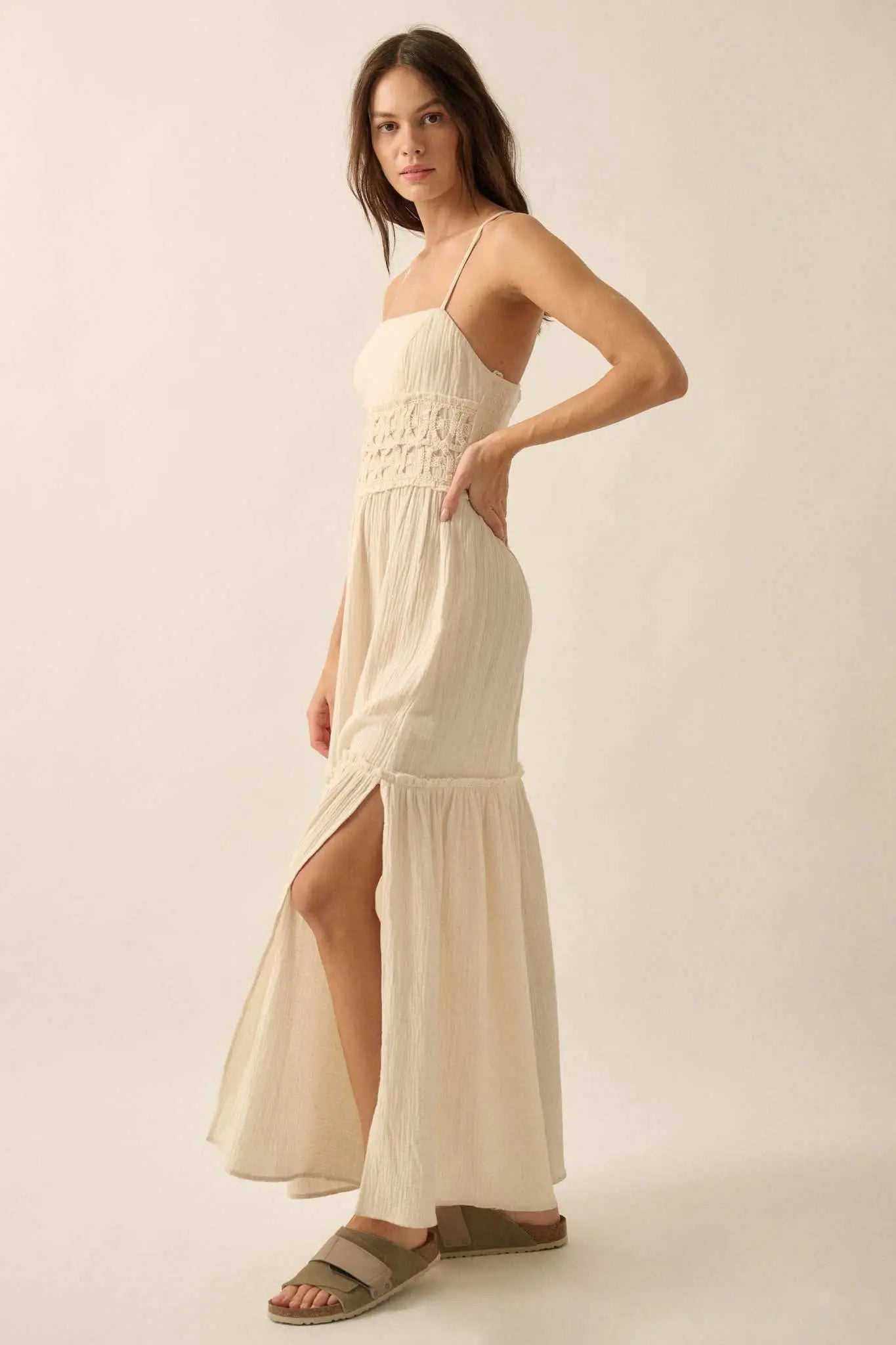 Laced Out Crochet-Trim Crinkle Cotton Maxi Dress