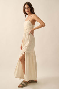 Laced Out Crochet-Trim Crinkle Cotton Maxi Dress - ShopPromesa