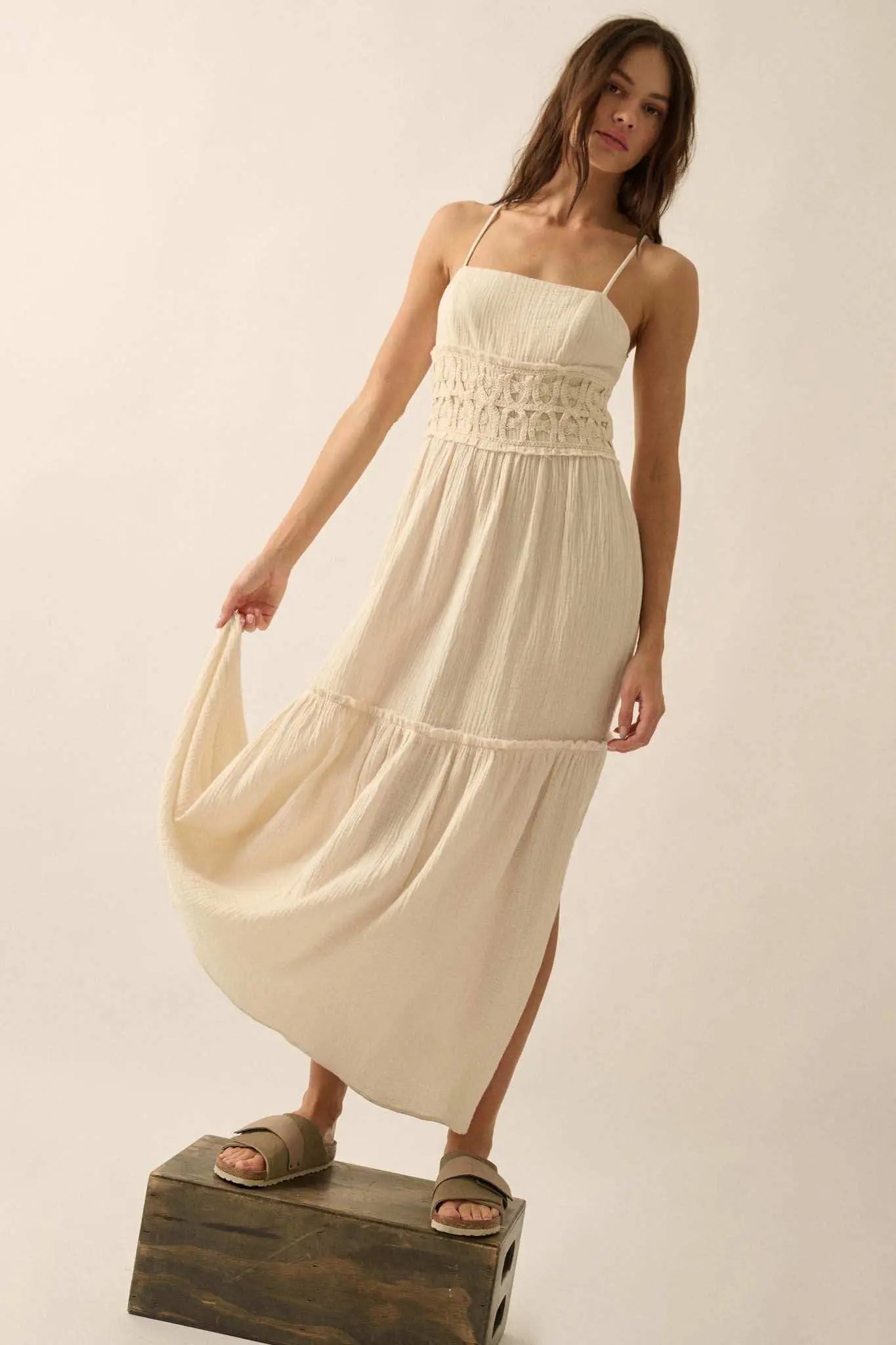 Laced Out Crochet-Trim Crinkle Cotton Maxi Dress Cream / L Laced Out Crochet-Trim Crinkle Cotton Maxi Dress Cream / L