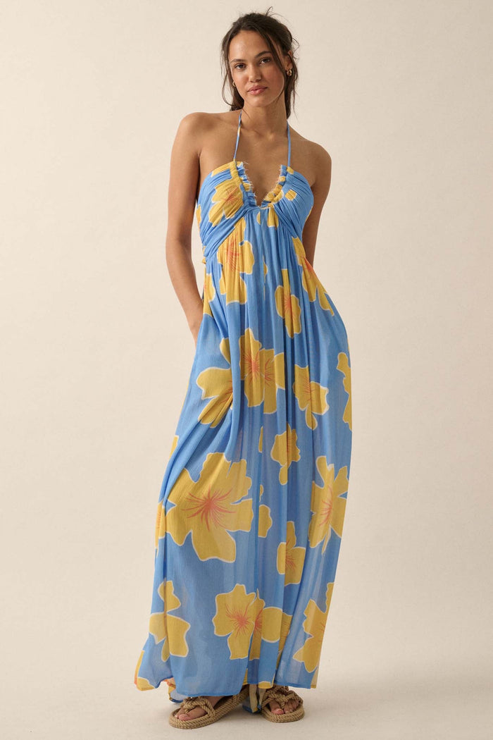 Heavenly Hibiscus Floral Crepe Halter Maxi Dress - ShopPromesa