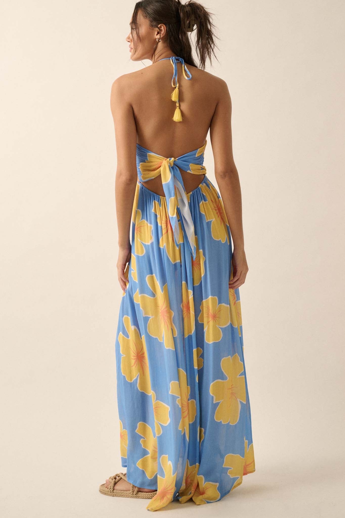 Heavenly Hibiscus Floral Crepe Halter Maxi Dress - ShopPromesa