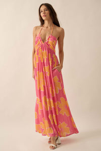 Heavenly Hibiscus Floral Crepe Halter Maxi Dress - ShopPromesa