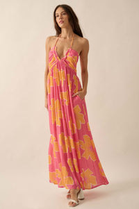 Heavenly Hibiscus Floral Crepe Halter Maxi Dress - ShopPromesa