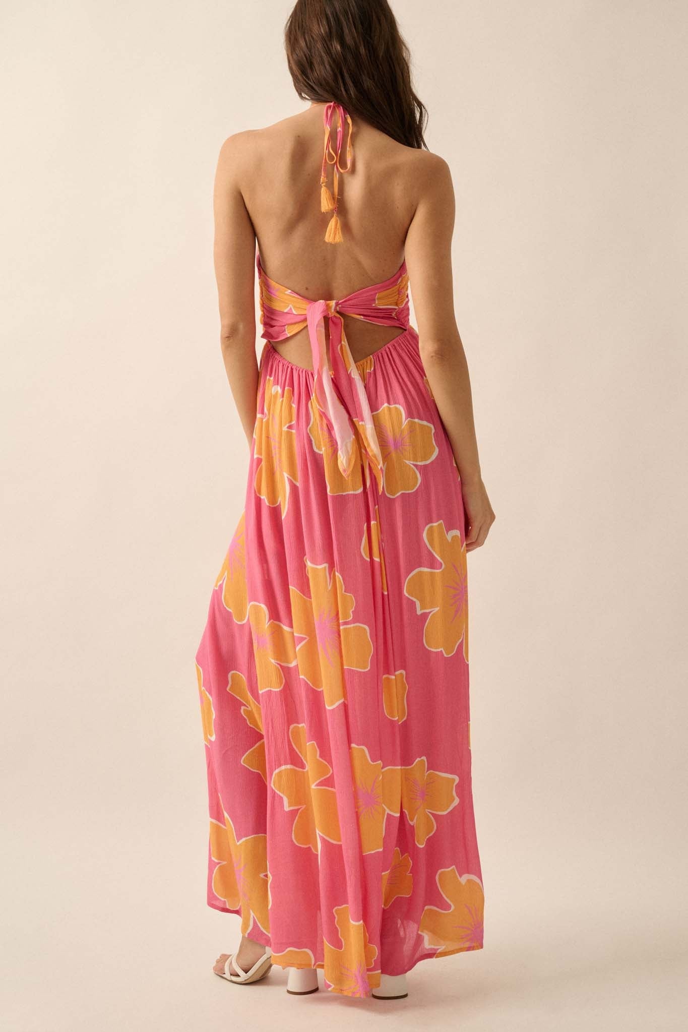 Heavenly Hibiscus Floral Crepe Halter Maxi Dress - ShopPromesa