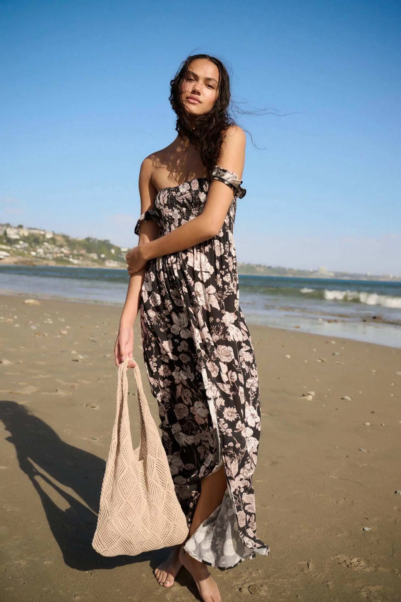 smocked off the shoulder maxi dress Chic Petals Floral Off-Shoulder Black / S 100days korean and the flowing maxi Satin Dress Hot Pink Style:2023RES441 YTJ