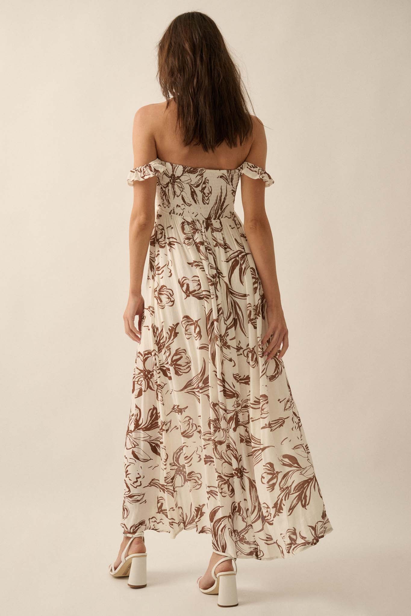 Windswept Petals Floral Off-Shoulder Maxi Dress - ShopPromesa