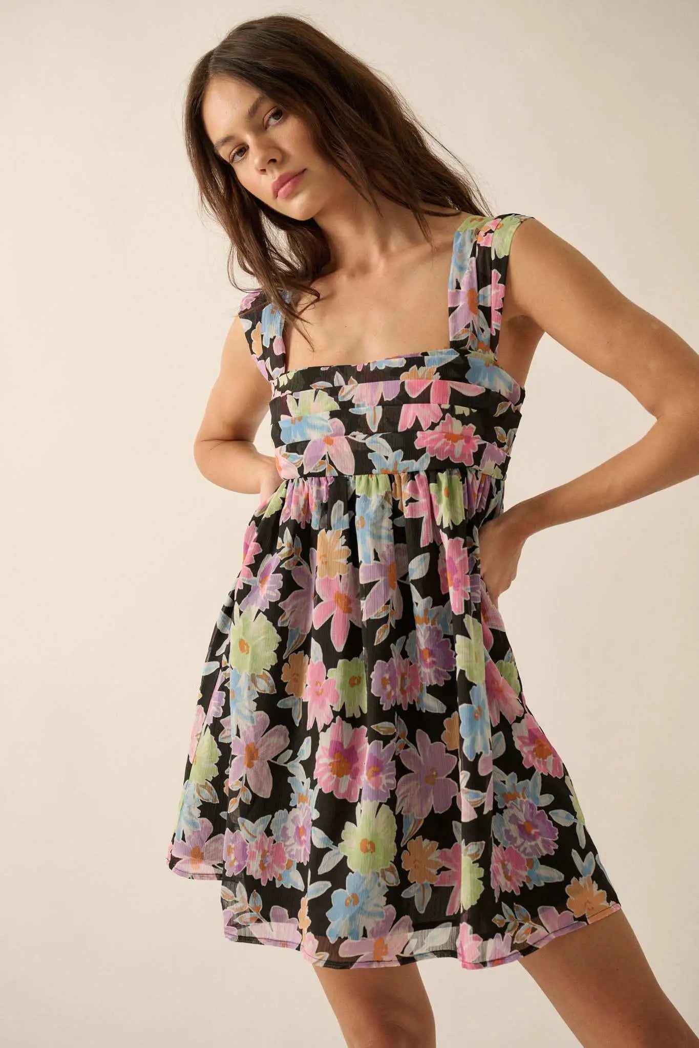 Beaming Blossoms Floral Chiffon Mini Dress, Black / L Beaming Blossoms Floral Chiffon Mini Dress, Black / L