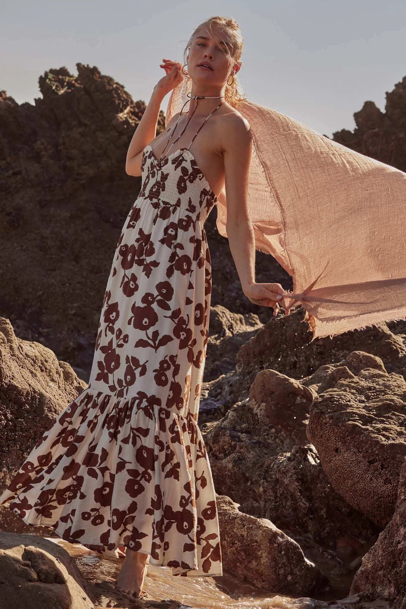 Poppy Prairie Smocked Floral Halter Maxi Dress Poppy Prairie Smocked Floral Halter Maxi Dress