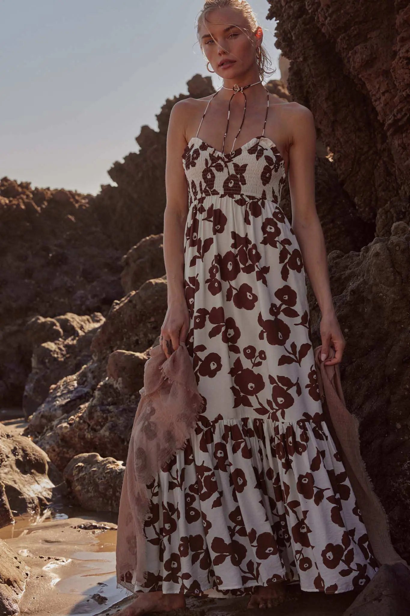 Poppy Prairie Smocked Floral Halter Maxi Dress Poppy Prairie Smocked Floral Halter Maxi Dress