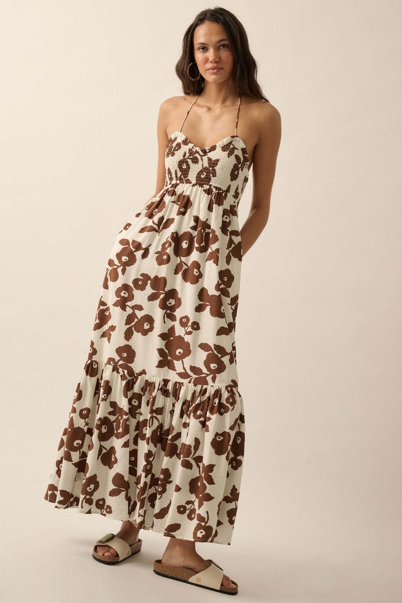 Poppy Prairie Smocked Floral Halter Maxi Dress - ShopPromesa