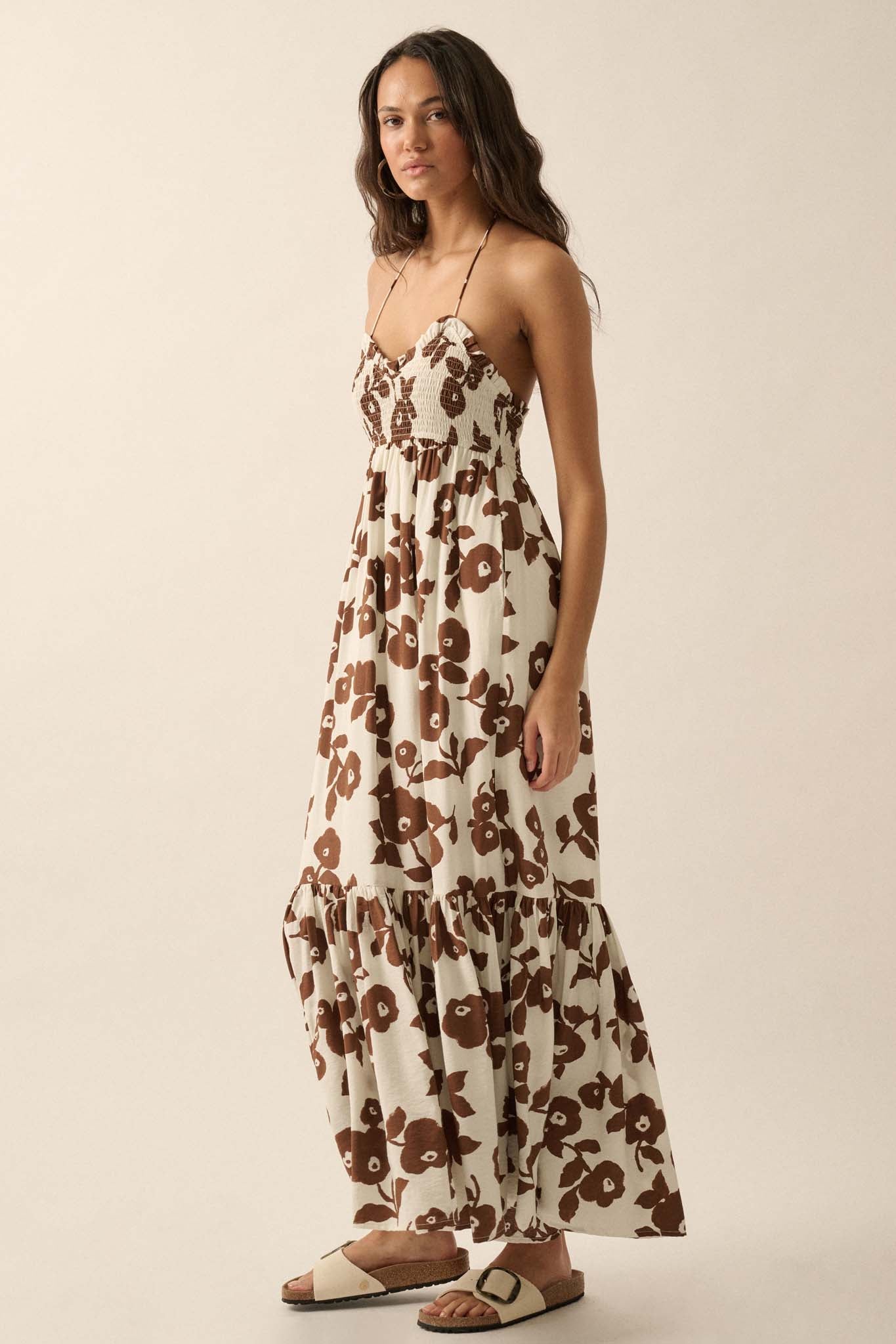 Poppy Prairie Smocked Floral Halter Maxi Dress - ShopPromesa