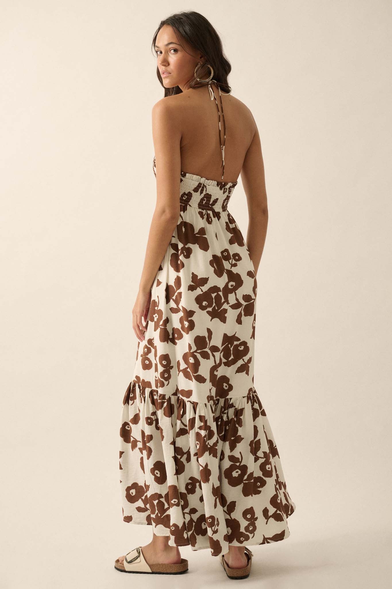 Poppy Prairie Smocked Floral Halter Maxi Dress - ShopPromesa