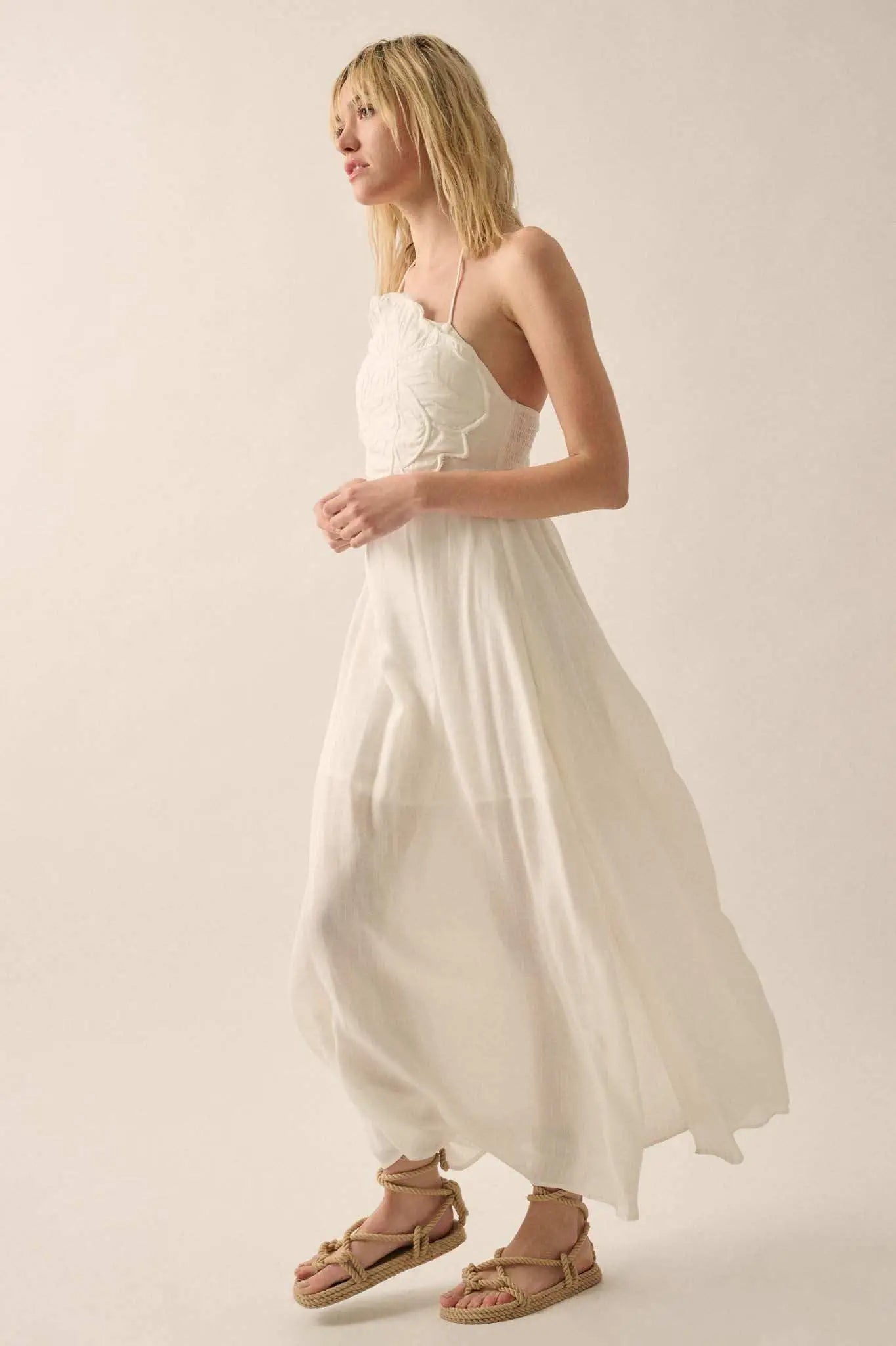 Like a Rose Embroidered Halter Maxi Dress Off White / L Like a Rose Embroidered Halter Maxi Dress Off White / L