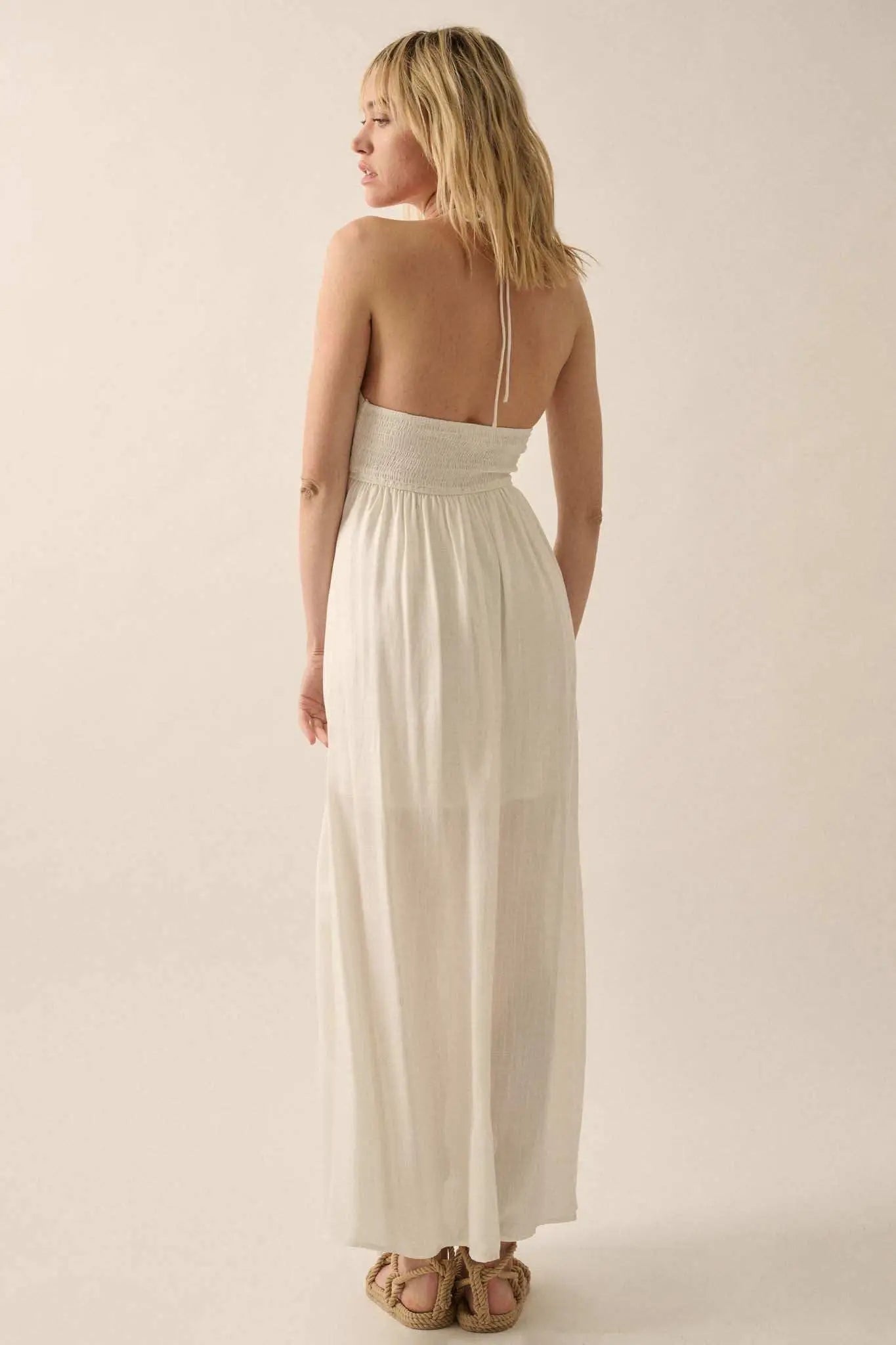Like a Rose Embroidered Halter Maxi Dress Off White / L Like a Rose Embroidered Halter Maxi Dress Off White / L