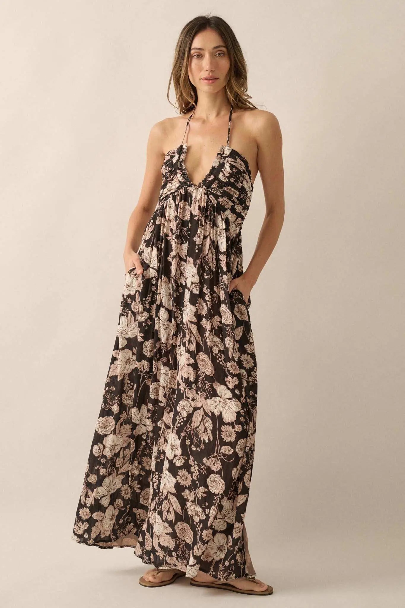 Elegant Blossoms Floral Crepe Halter Maxi Dress - ShopPromesa