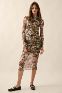 Flowering Fall Floral Mesh Mock-Neck Midi Dress - ShopPromesa