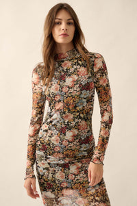 Flowering Fall Floral Mesh Mock-Neck Midi Dress - ShopPromesa