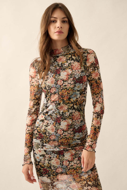 Flowering Fall Floral Mesh Mock-Neck Midi Dress - ShopPromesa