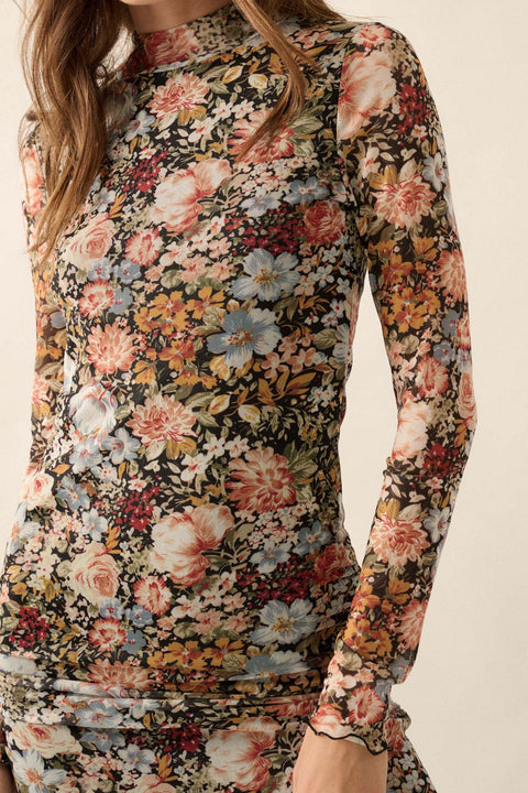 Flowering Fall Floral Mesh Mock-Neck Midi Dress - ShopPromesa