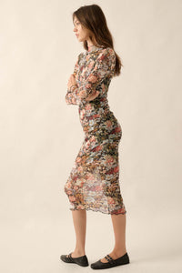 Flowering Fall Floral Mesh Mock-Neck Midi Dress - ShopPromesa