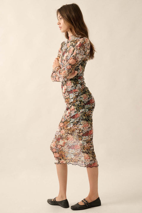 Flowering Fall Floral Mesh Mock-Neck Midi Dress - ShopPromesa