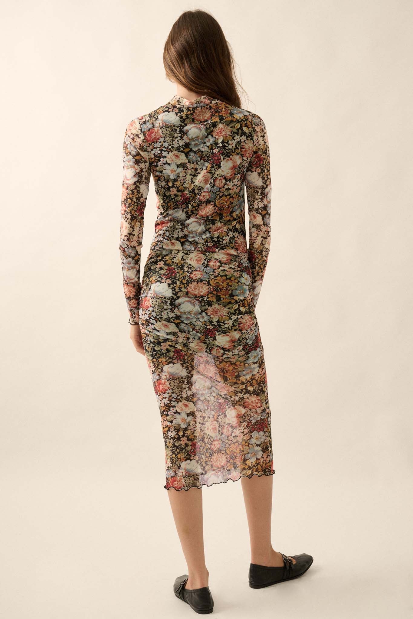 Flowering Fall Floral Mesh Mock-Neck Midi Dress - ShopPromesa