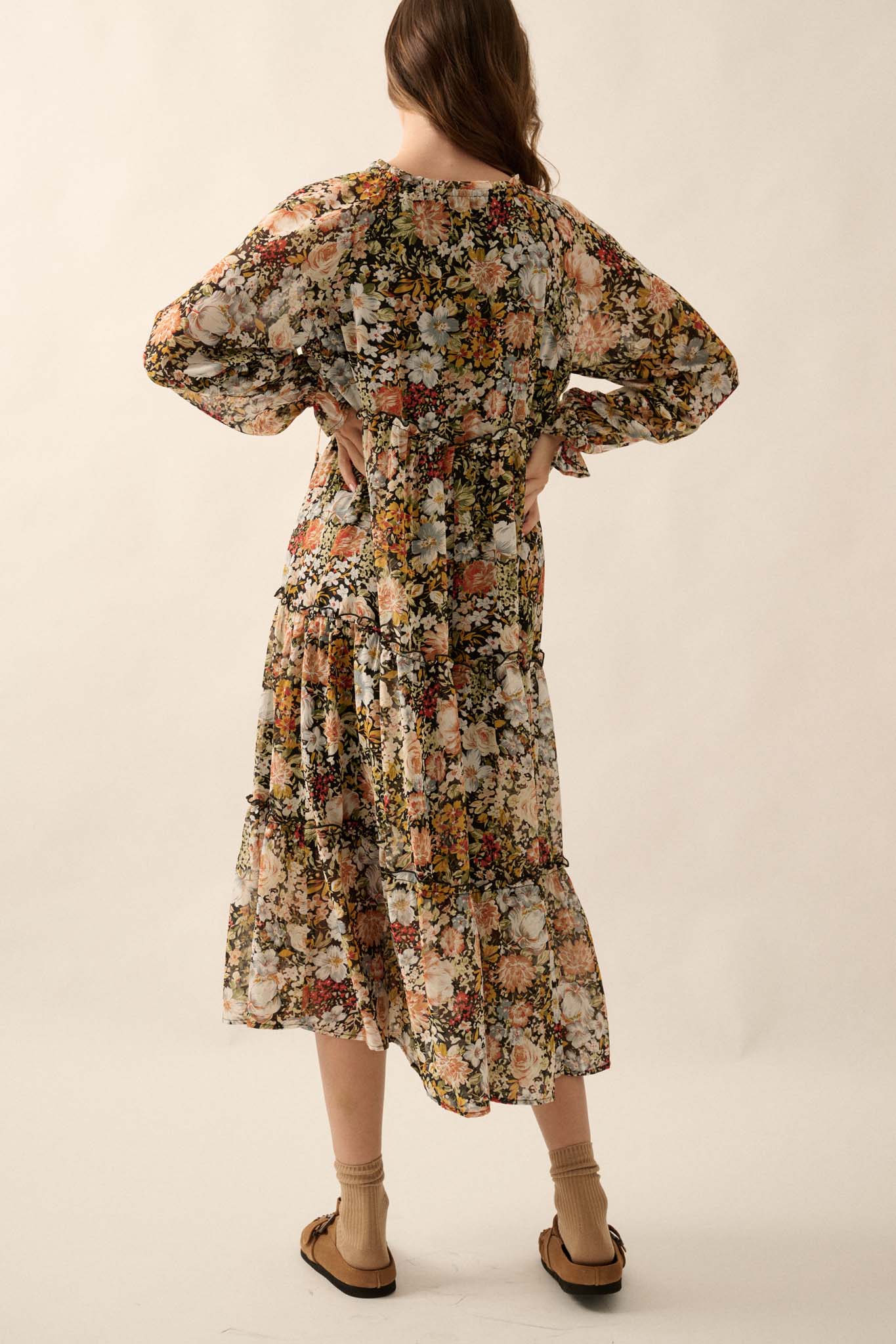 Blooming Harvest Tiered Floral Midi Prairie Dress - ShopPromesa