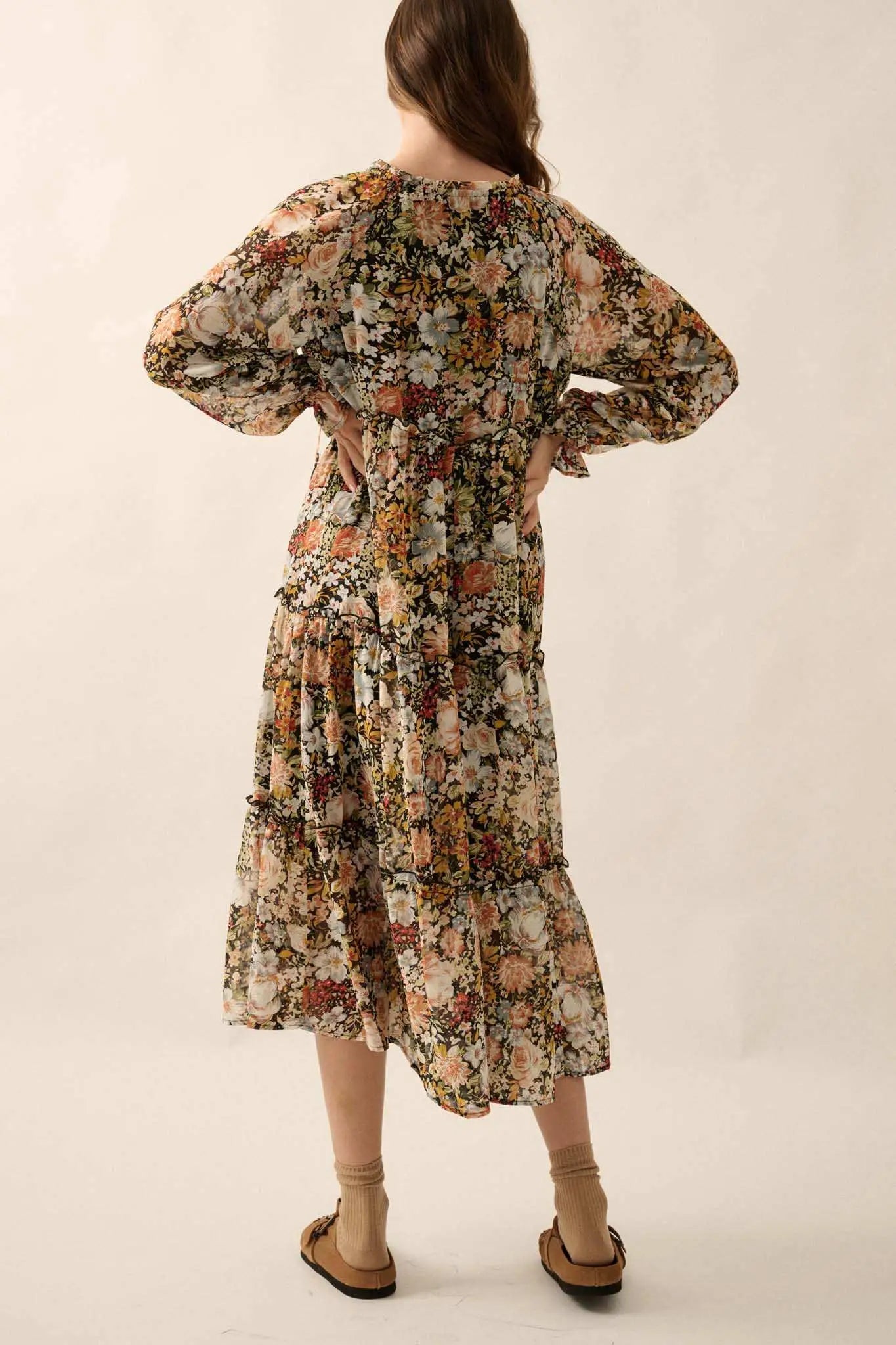 Blooming Harvest Tiered Floral Midi Prairie Dress Black / S Blooming Harvest Tiered Floral Midi Prairie Dress Black / S