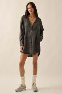 Long Weekend Acid-Wash Denim Mini Shirt Dress - ShopPromesa