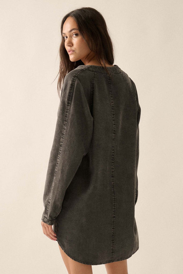 Long Weekend Acid-Wash Denim Mini Shirt Dress - ShopPromesa